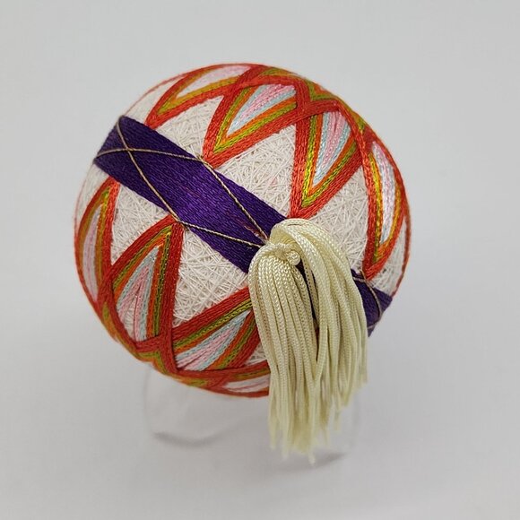 Handmade Japanese Temari Embroidered Ball With Geometric Orange Blue - Picture 5 of 6